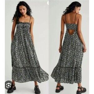 Free People Floral Midi Dress XL Black Combo Boho Tiered Strappy NWT